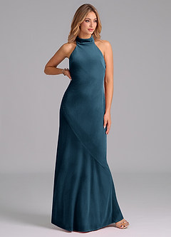 Azazie Velli Vestidos de damas de honor Vestido de Topacio Azul de terciopelo de Corte Sirena con Cuello Alto image4