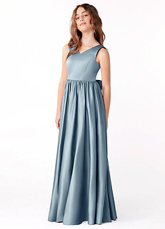 Azazie Hathaway Junior Dusty Blue A-Line Bow Stretch Satin Dress image4