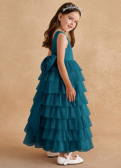 Azazie Twinkle Toes Flower Girl Dresses Ink Blue A-Line Bow Tulle Dress image5