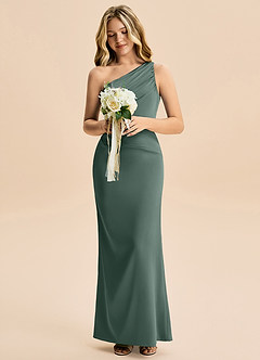 Azazie Akilah Junior Vestido Musgo Marinho de Cetim elástico de Bainha com Plissado image4