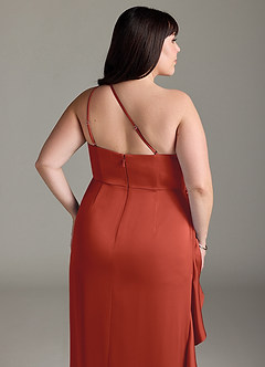 Azazie Latrice Bridesmaid Dresses Rust Sheath One Shoulder Cascading Ruffles Stretch Satin Dress image12
