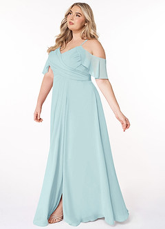 Azazie Dakota Robes de demoiselle d'honneur Robe Trapèze en Mousseline de soie Col V plissé Verre De Mer image15
