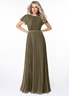 Azazie Kara Bescheidene Brautjungfernkleider A-Linie Plissee Chiffon Bodenlänge Kleid image1