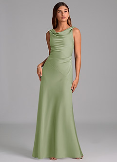 Azazie Nerine Brautjungfernkleider A-Linie Plissee Stretch-Satin Kleid Staubiger Salbeigrün image3