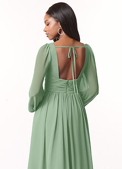 Azazie Norah Robes de demoiselle d'honneur Robe Trapèze en Mousseline de soie Col en V, manches longues Matcha image3