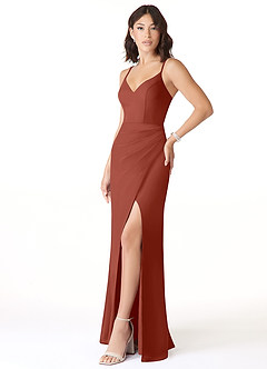 Azazie Leo Vestidos de damas de honor Vestido de Castaño de Gasa de Corte Sirena con Cuello en V Plisado image3