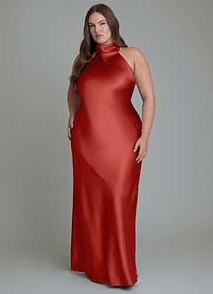 Azazie Velli Robes de demoiselle d'honneur Robe Fourreau en Satiné métallisé Col haut Rouille image7
