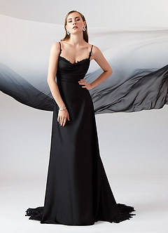 Azazie Sable Wedding Dresses Black A-Line Lace Stretch Satin Dress image4