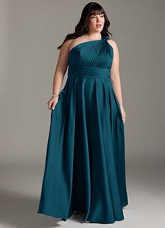 Azazie Charlize Robes de demoiselle d'honneur Robe Trapèze en Satin extensible Asymétrique Bleu Encre image11