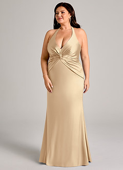 Azazie Valerie Vestidos de damas de honor Vestido de Champán de Satén Elástico de Corte Sirena con Plisado image5