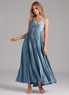 Azazie Raychelle Bridesmaid Dresses Dusty Blue A-Line Pleated Stretch Satin Dress image3