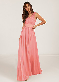 Azazie Gertrude Bridesmaid Dresses Coral A-Line Lace Chiffon Dress image1