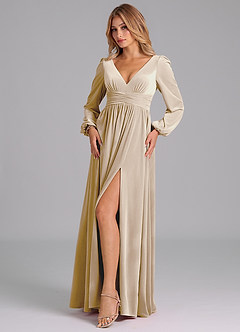 Azazie Norah Bridesmaid Dresses Champagne A-Line Long Sleeve Velvet Dress image4