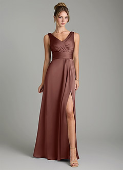 Azazie Karina Bridesmaid Dresses Espresso A-Line Pleated Stretch Satin Dress image6