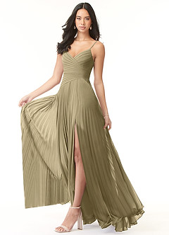 Azazie Vini Vestidos de damas de honor Vestido de Musgo Verde de Gasa de Corte en A con Cuello en V Plisado image3