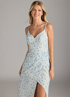 Azazie Leo Brautjungfernkleider Meerjungfrau-Linie V-Hals Gefaltet Chiffon Kleid Blau Weißes Blumen image2
