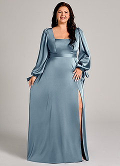Azazie Leonia Robes de demoiselle d'honneur Robe Trapèze en Satin extensible Manche longue Bleu Poussiéreux image11