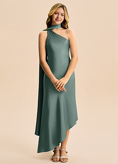 Azazie Briony Junior Vestido Musgo Marinho de Cetim elástico de Bainha com Plissado image7