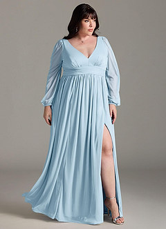 Azazie Norah Bridesmaid Dresses Sky Blue A-Line V-Neck Long Sleeve Chiffon Dress image9