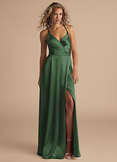 Azazie Davis Bridesmaid Dresses Eucalyptus A-Line Pleated Metallic Satin Dress image2