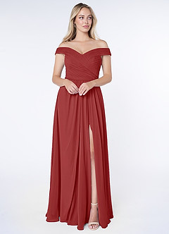 Azazie Audrianna Jurken voor bruidsmeisjes Converteerbaar Jurk van Chiffon met A-Lijn Off-the-shoulder verzameld Roest image1