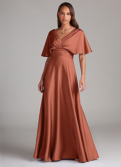 Azazie Pamela Robes de demoiselle d'honneur Robe Trapèze en Satin extensible Plissée Argile image1