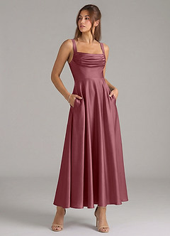Azazie Shaude Bridesmaid Dresses Desert Rose A-Line Pleated Stretch Satin Dress image3