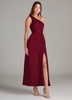 Azazie Brooke Bridesmaid Dresses Burgundy A-Line One Shoulder Stretch Satin Dress image4