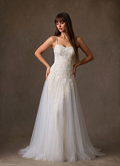 Azazie Lumina At-home Try On Dresses Diamond White Champagne A-Line Sweetheart Neckline Lace Dress image7