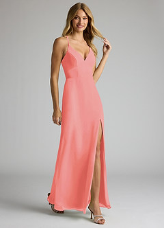 Azazie Becca Bridesmaid Dresses Coral Sheath V-Neck Chiffon Dress image2