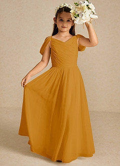 Azazie Chelle Robe Demoiselle D'honneur Fillette Robe Trapèze en Mousseline de soie Plissée Caramel écossais image1