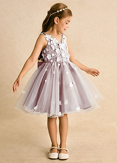 Azazie Junebug vestidos de niña de las flores Vestido de Marfil Rosa Empolvado de Tul de Princesa con Encaje image4