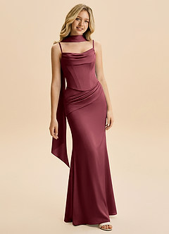 Azazie Sorrel Junior Merlot Mermaid Ruched Stretch Satin Dress image1