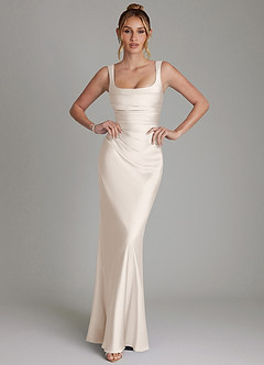 Azazie Agustina Bridesmaid Dresses White Alabaster Mermaid Corset Stretch Satin Dress image1