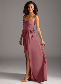 Azazie Zeya Robes de demoiselle d'honneur Robe Trapèze en Satin extensible Plissée Rose Du Désert image7