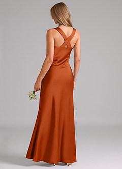 Azazie Kamila Bridesmaid Dresses Burnt Orange A-Line Pleated Stretch Satin Dress image2