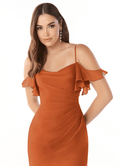 Azazie Emeralda Bridesmaid Dresses Cinnamon Sheath Off the Shoulder Chiffon Dress image6