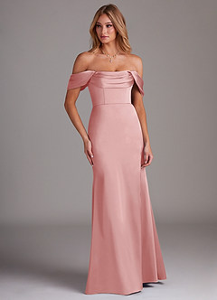 Azazie Saige Abiti da Damigella Abito Tubino in Raso Elasticizzato a Spalla Scoperta Rosa Cipria image4