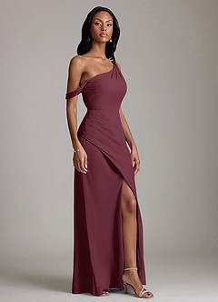 Azazie Madelyn Vestidos de damas de honor Vestido de Cabernet de Gasa de Corte Sirena Convertible con Hombro unilateral image5