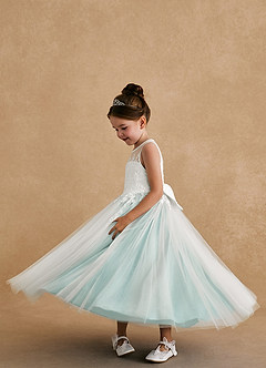 Azazie Bitsy Robe Demoiselle D'honneur Fillette Robe Trapèze en Tulle Dentelle Ivoire Aqua image3