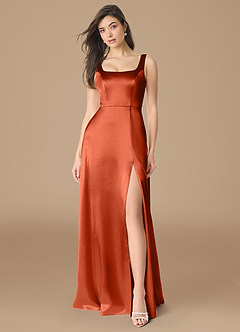 Azazie Joyce Bridesmaid Dresses Paprika A-Line Side Slit Metallic Satin Dress image1