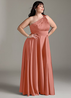 Azazie Charlize Bridesmaid Dresses Salmon Pink A-Line One Shoulder Stretch Satin Dress image12