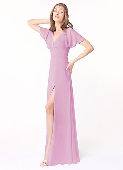 Azazie Kimber Bridesmaid Dresses Candy Pink A-Line Flounce Sleeve Chiffon Dress image3
