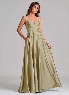 Azazie Amani Bridesmaid Dresses Moss Green A-Line Pleated Stretch Satin Dress image4
