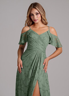 Azazie Dakota Bridesmaid Dresses Matcha A-Line Off the Shoulder Floral Burnout Dress image3