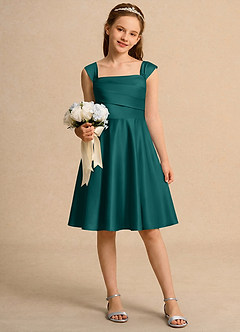 Azazie Budle Girls Formal Flower Girl Dresses Peacock A-Line Pleated Matte Satin Dress image1