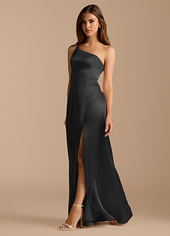 Azazie Trina Vestidos de damas de honor Vestido de Negro de Satén Metálico de Corte en A con Hombro unilateral image1
