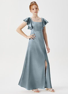 Azazie Bondi Junior Dusty Blue A-Line Side Slit Metallic Satin Dress image3