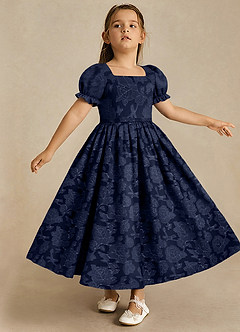 Azazie Joss Flower Girl Dresses Dark Navy A-Line with Sleeves Floral Burnout Dress image3
