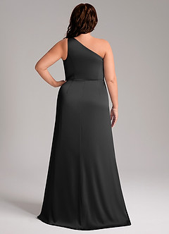 Azazie Phaedra Bridesmaid Dresses Black A-Line One Shoulder Stretch Satin Dress image2